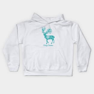 Merry Christmas, teal Christmas deer with snowflakes Kids Hoodie